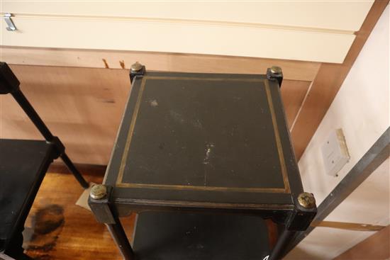 A pair of Regency style gilt and ebonised printed two tier tables W.36cm